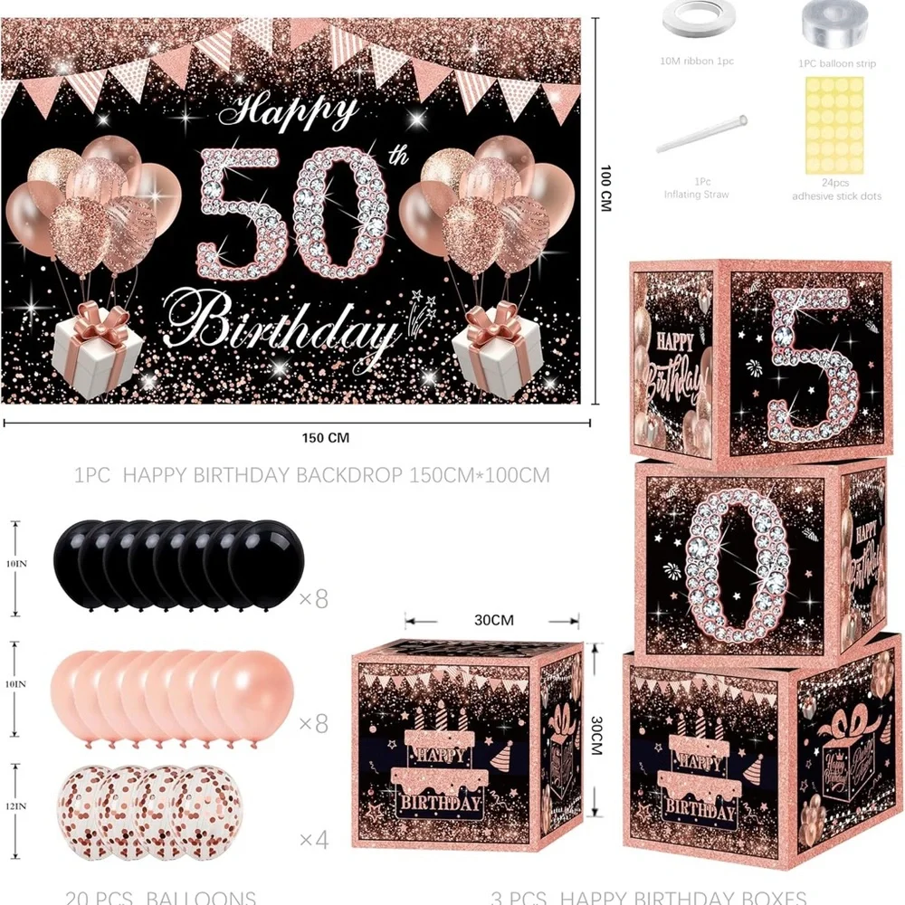 50th Birthday Decorations Rose Gold Black Balloon Arch Backdrop Boxes Set‎ NEW